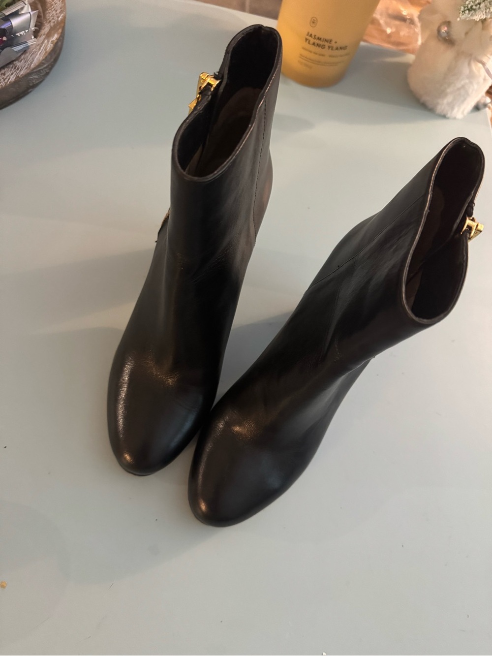 Michael Kors Black Leather Ankle Boots with Gold Zip Accent 7.5
